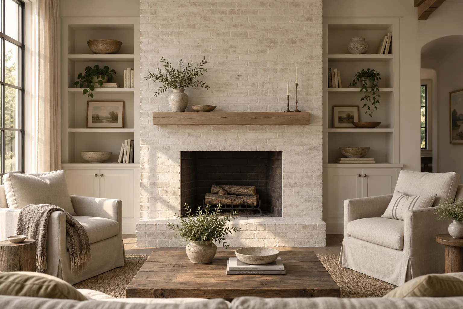 Living room brick fireplace limewashed in chalky warm white