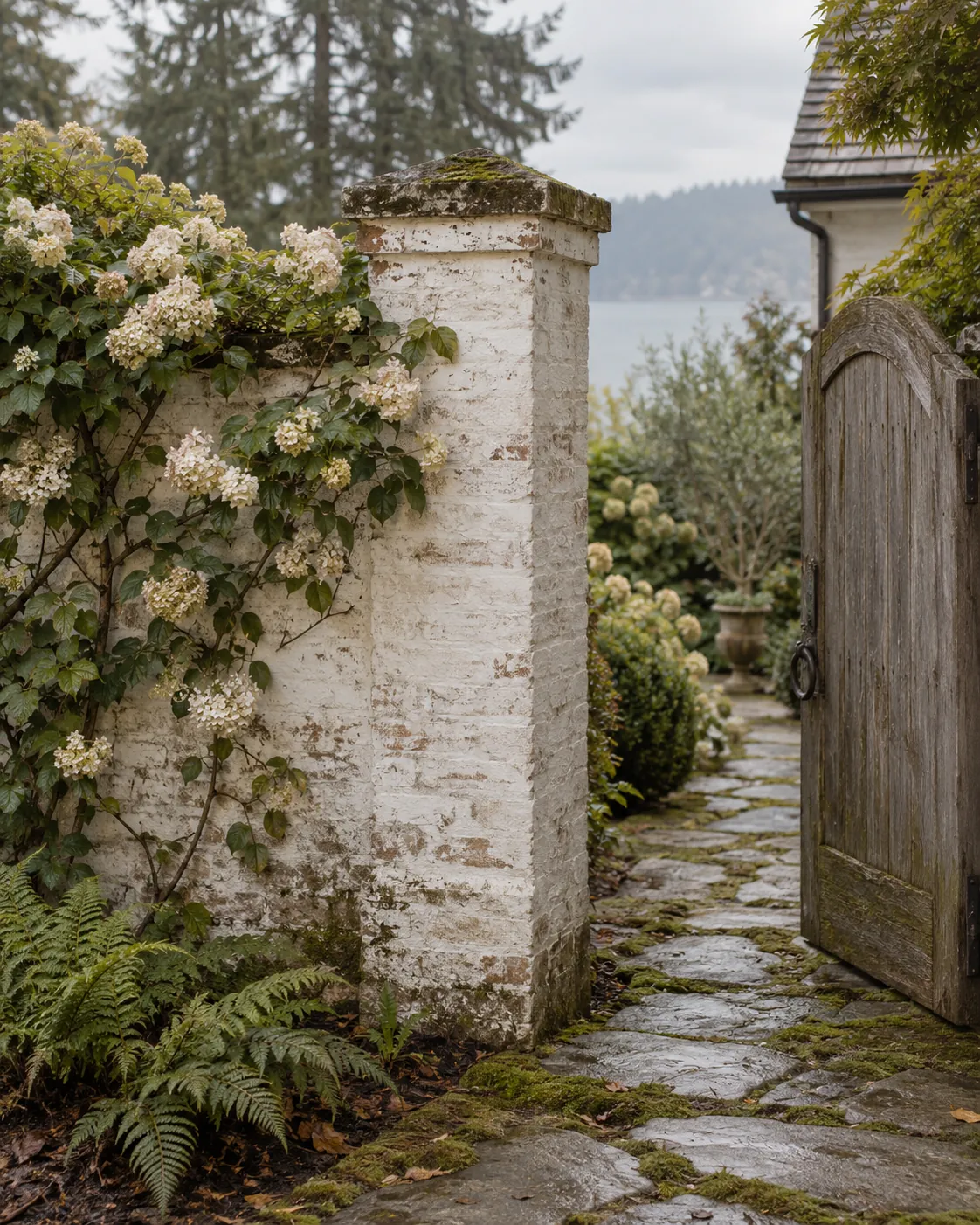 Brick garden wall pier limewashed white beside climbing hydrangea