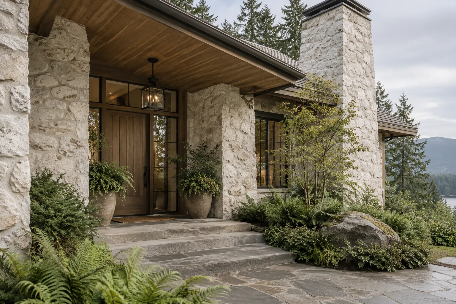 Fieldstone entrance and chimney limewashed in soft bone white