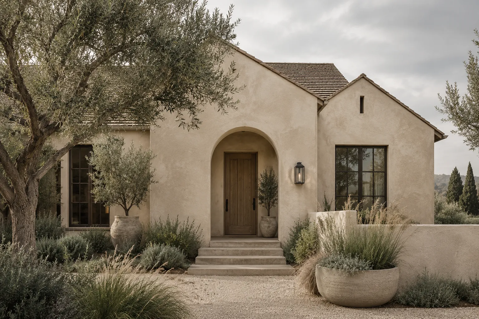 Stucco cottage finished in warm sand-colored limewash